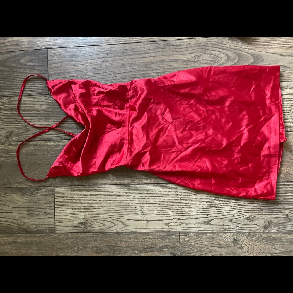 Red satin open back strap sexy party mini dress